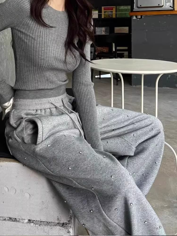 Rosesand - Hoge taille effen strass losse wijde joggingbroek