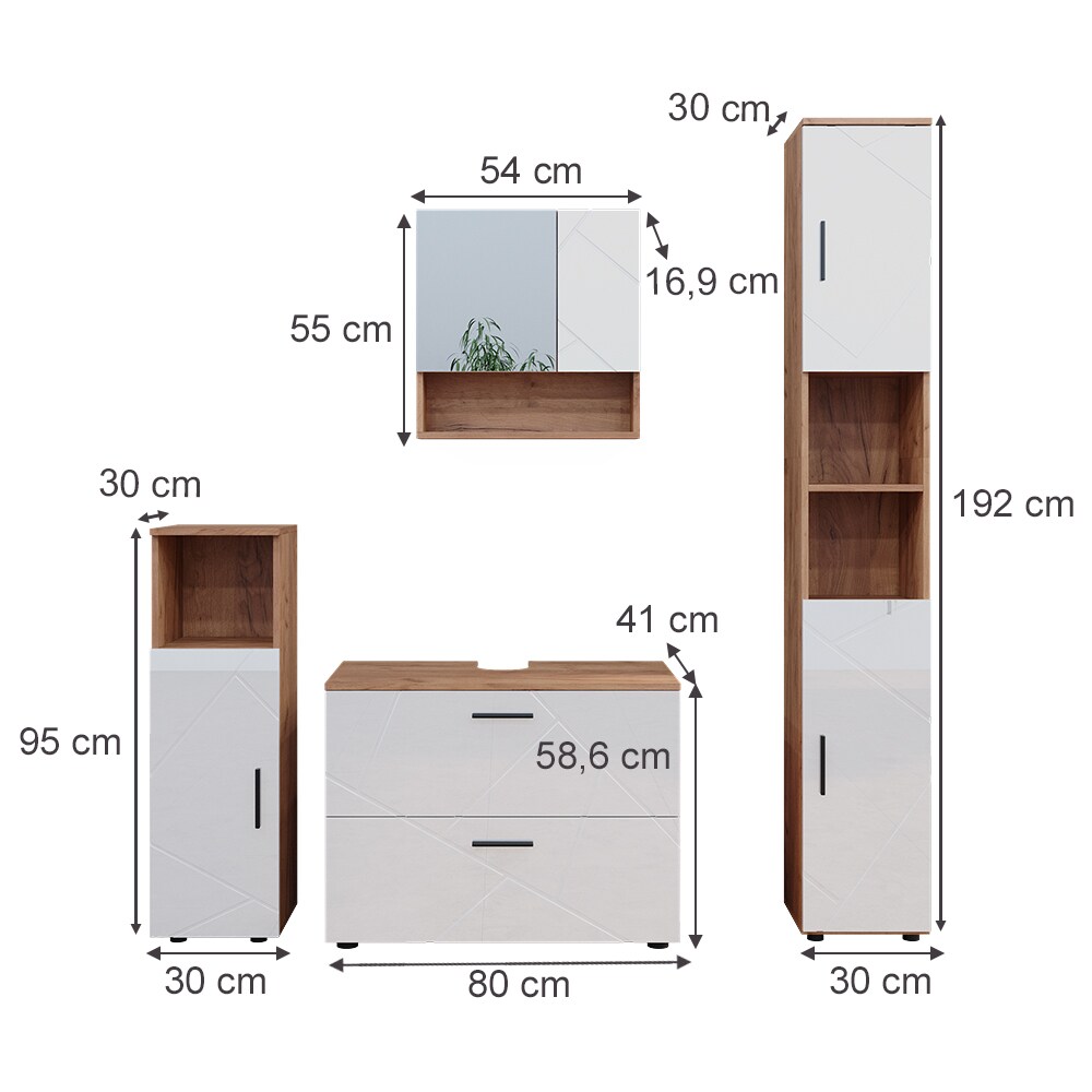 Vicco Badmöbelset Irma Eiche Weiß Hochglanz modern Badezimmerschrank Badschrank Badezimmermöbel Waschtischunterschrank Spiegelschrank Midischrank Hochschrank Schrankschublade Schranktür Schrankfach