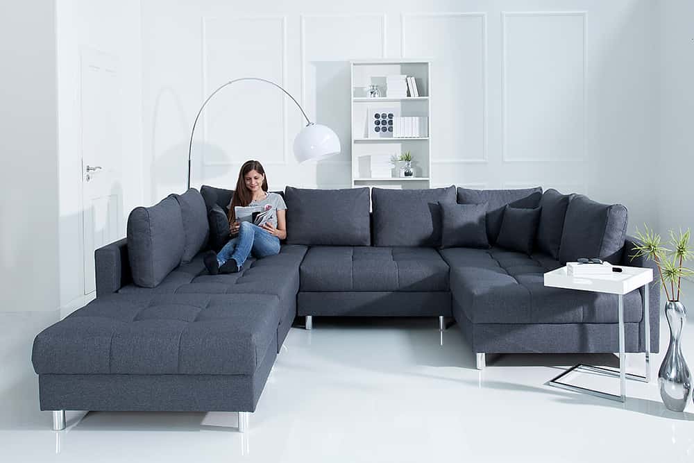 Moderne XXL Wohnlandschaft KENT 305cm anthrazit Federkern Bigsofa inkl. Hocker