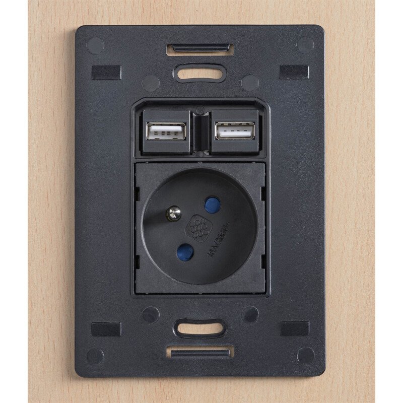 Multiprise encastrable avec couvercle coulissant 1 prise secteur + 2 ports USB - Ø 80 mm