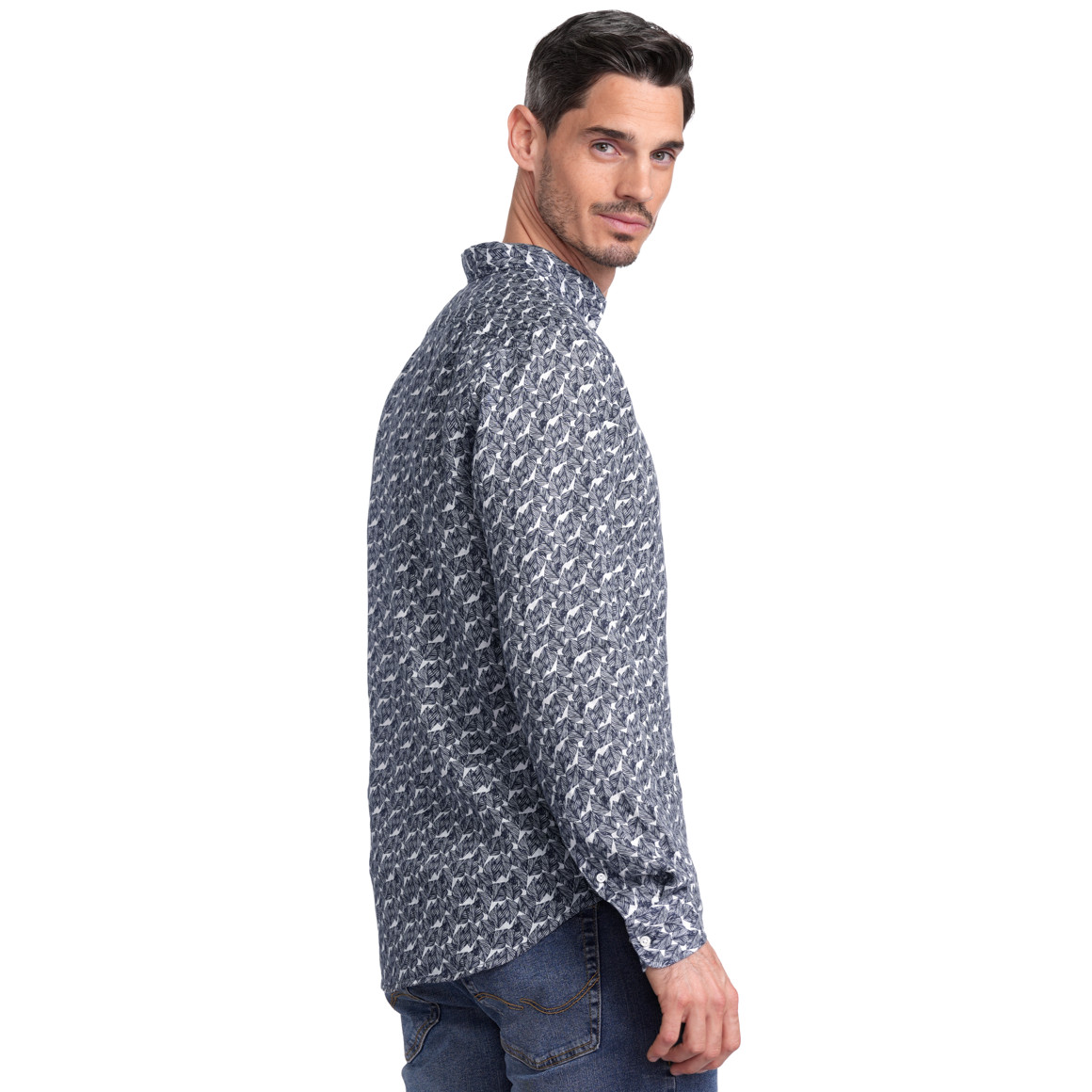 VanVaan Herren Leinen-Hemd mit Allover-Muster dunkelblau / weiss