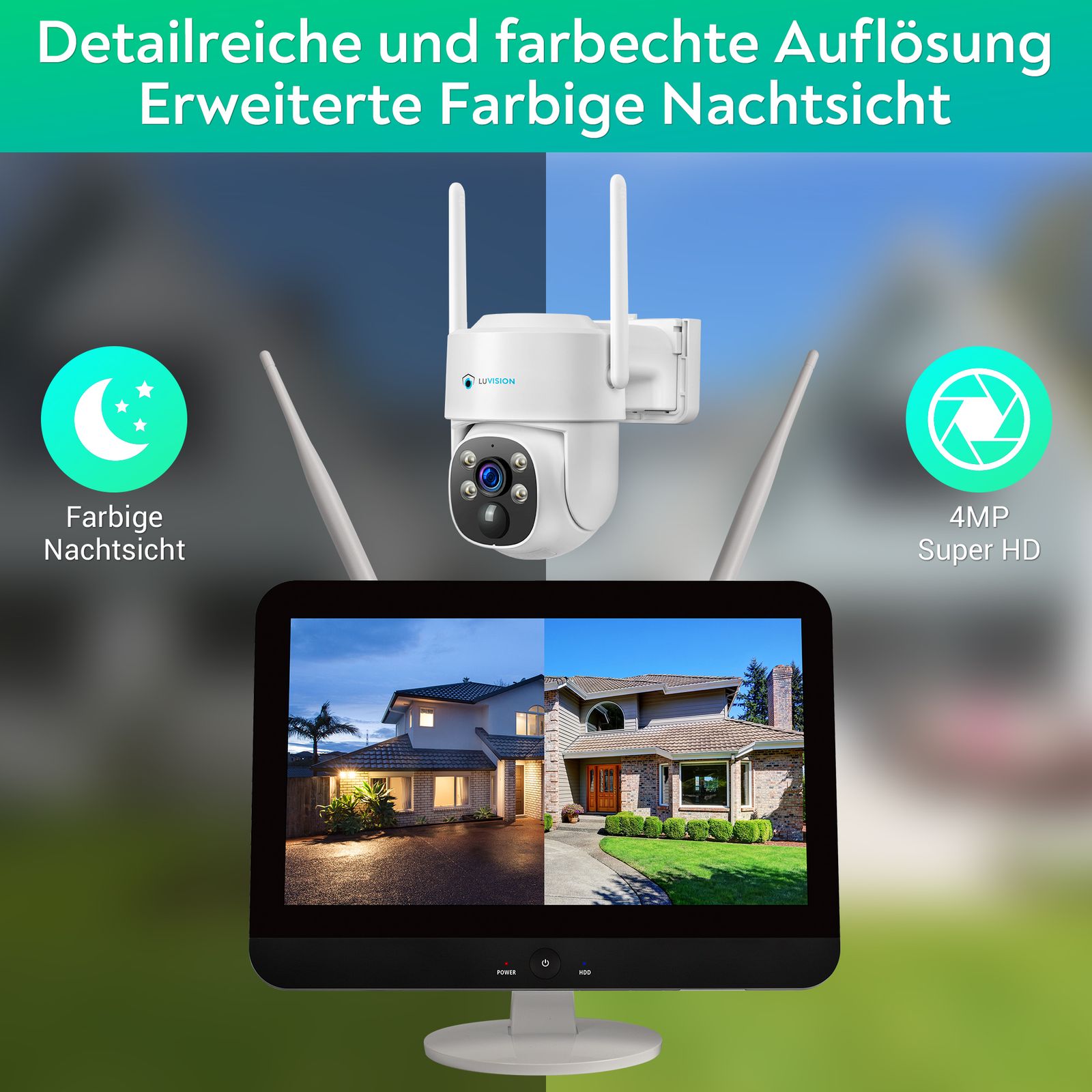 LUVISION Dual WLAN PTZ Überwachungssystem mit LED Monitor 4MP Solar PTZ Überwachungskamera Mikrofon, Sirene, Smarte Nachtsicht