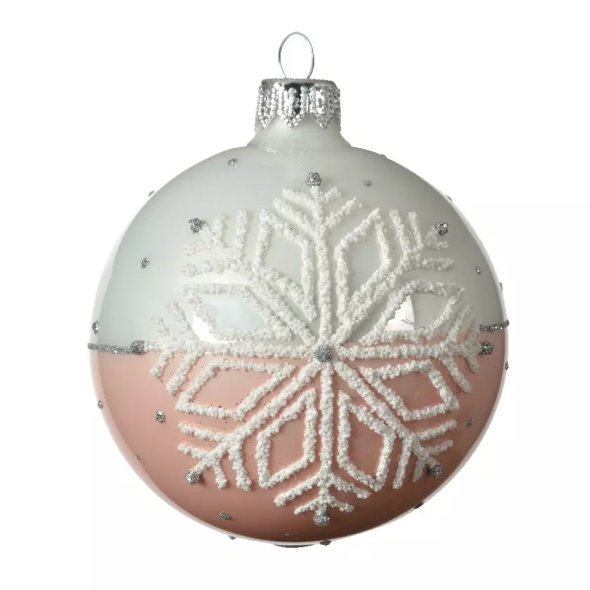 Lot de 6 boules de Noël en verre (D80 mm) Flocon enneigé Rose poudré