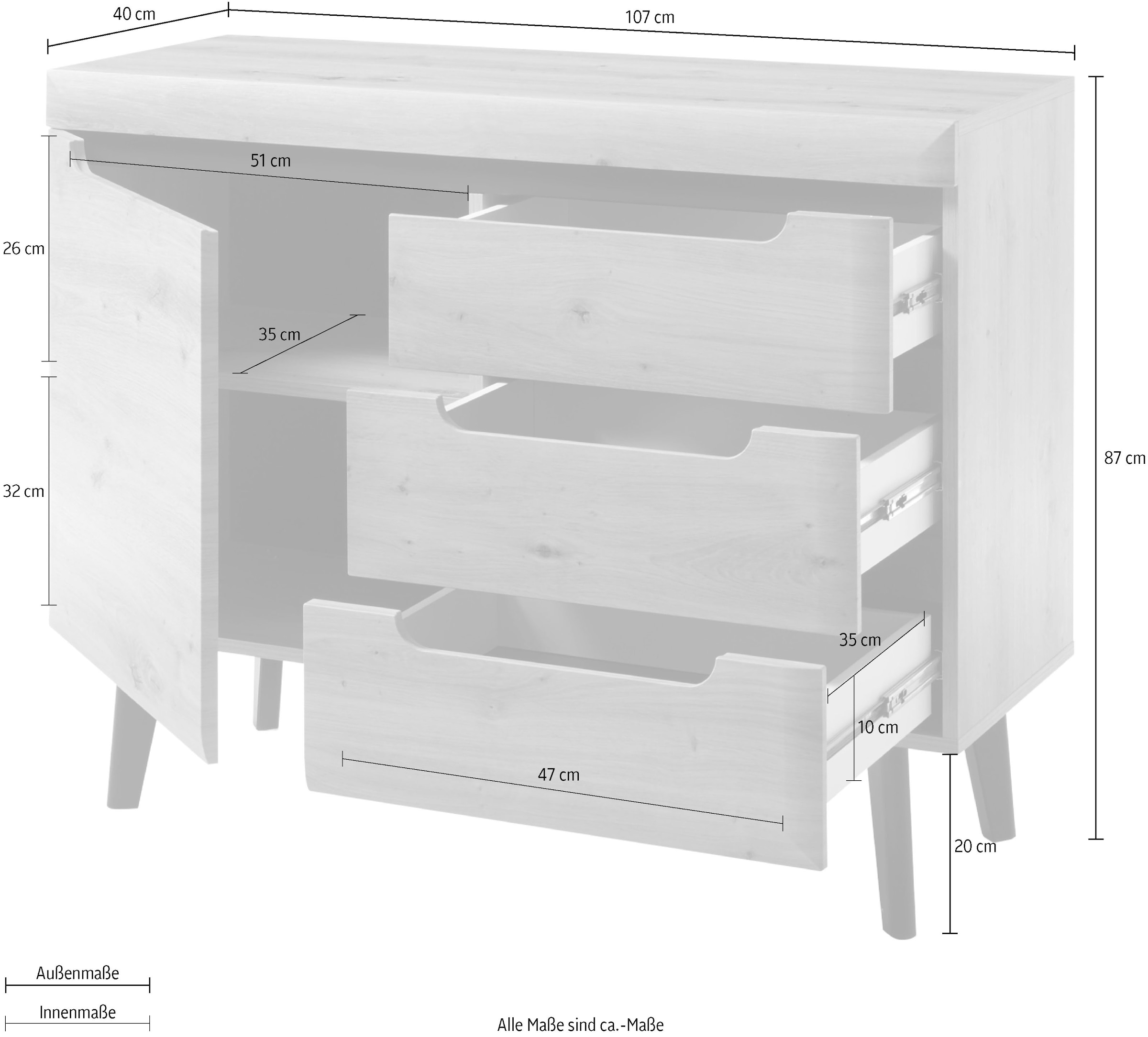 INOSIGN Sideboard »Torge, Anrichte, Kommode, Schubladenschrank« 1 Stk. tlg. abgeschrägte Füsse, drei Farben, Scandi Design, 107 cm breit