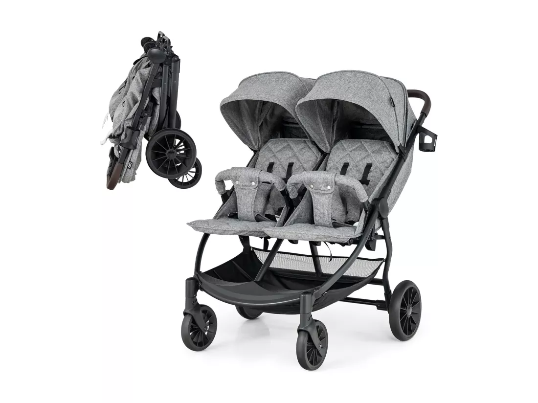 Poussette Double Pliante avec Porte-Gobelet, Poussette Côte à Côte avec Dossier Réglable, Auvent Pliable d'une Main Ceinture de Sécurité Charge 15KG pour Bébé 0 à 3 Ans(Double, Gris)