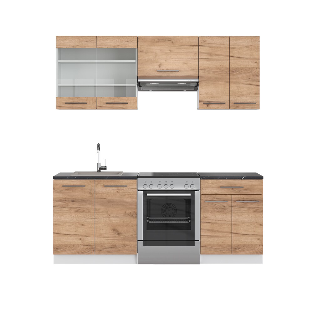 Vicco Küchenzeile Küchenblock Einbauküche Fame-Line Weiß Eiche 200 cm modern Küchen Schränke Schubunterschrank Spülenunterschrank Hängeschrank Hängeglasschrank