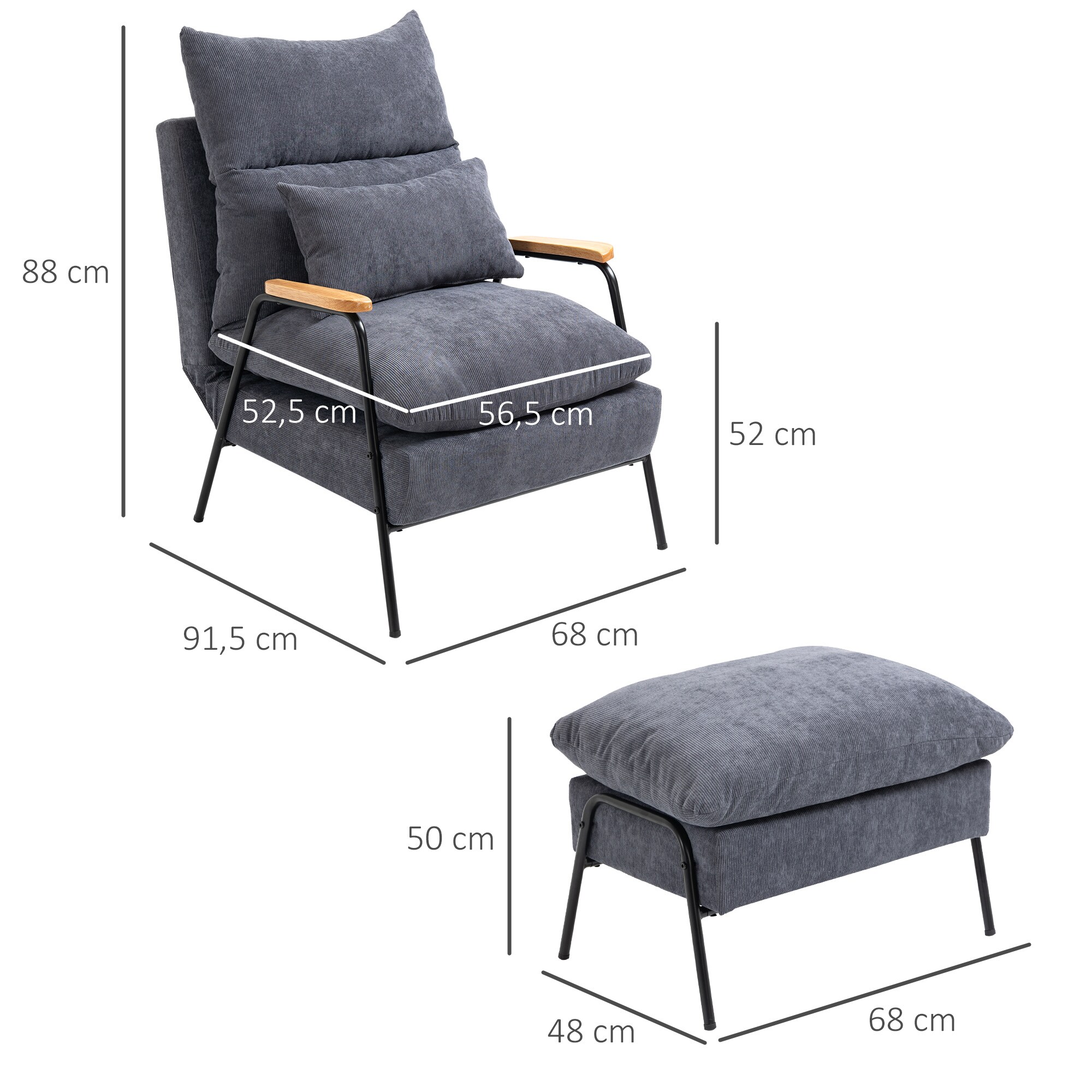 HOMCOM Polstersessel mit Kissen und Fußhocker 68L x 91,5B x 88H cm