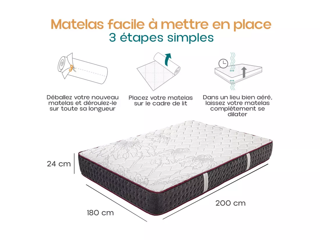 Matelas KERIA King Size 180x200 cm, réversible en mousse mémoire de forme haute adaptabilité et ergonomique, indépendance du couchage, épaisseur 24cm