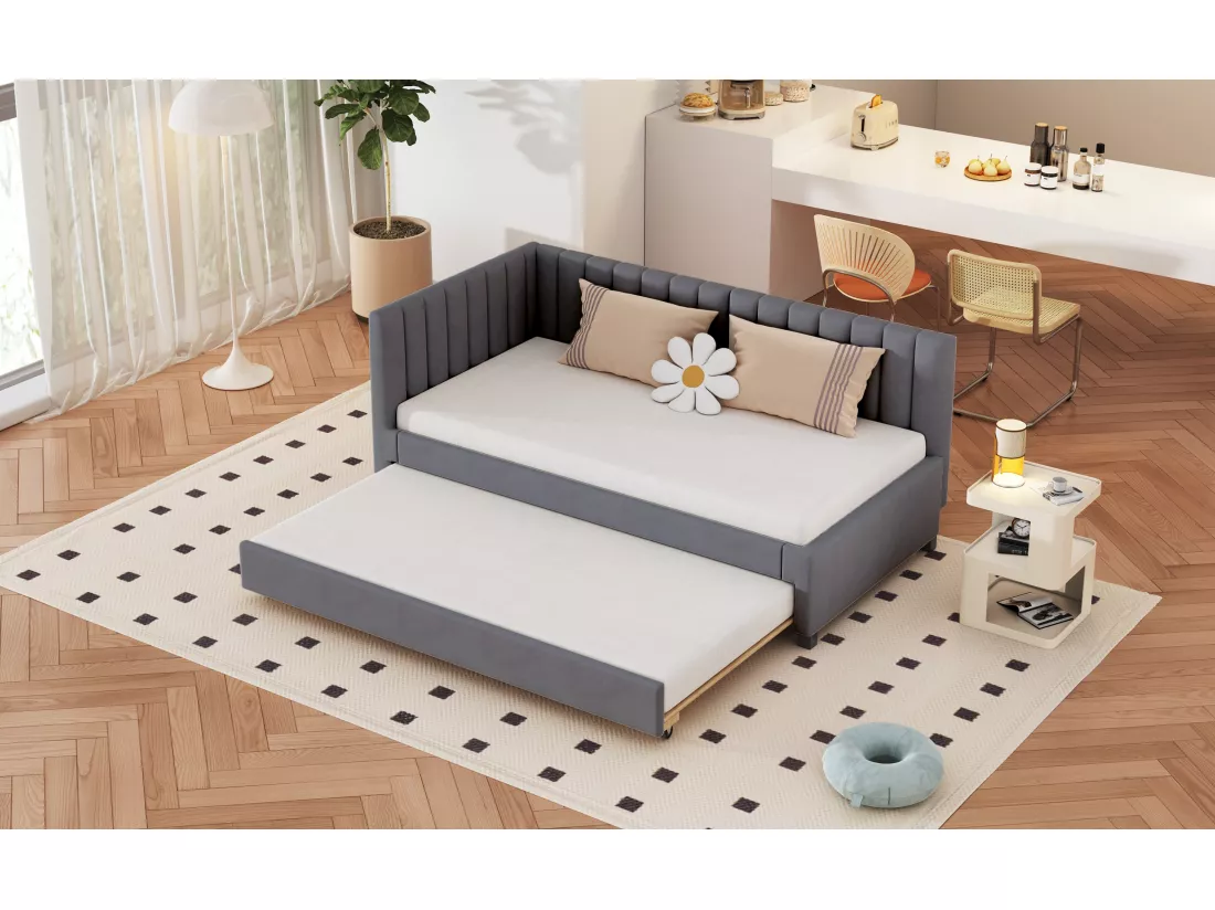 Lit gigogne 90 x 190/200 cm - canapé lit en velours - sommier à lattes - gris