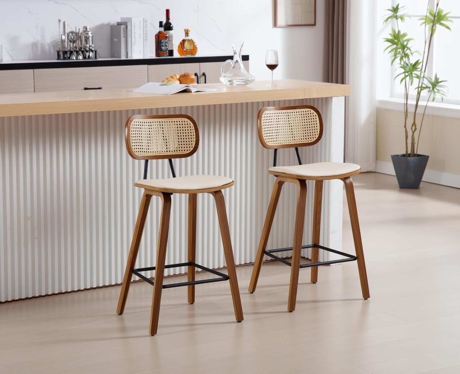 chairus 2er Set Rattan Barhocker für Küche Barstuhl Thekenhocker PU Leder Frühstück Hochhocker mit Holz Beinen für Esszimmer Wohnzimmer (Beige)