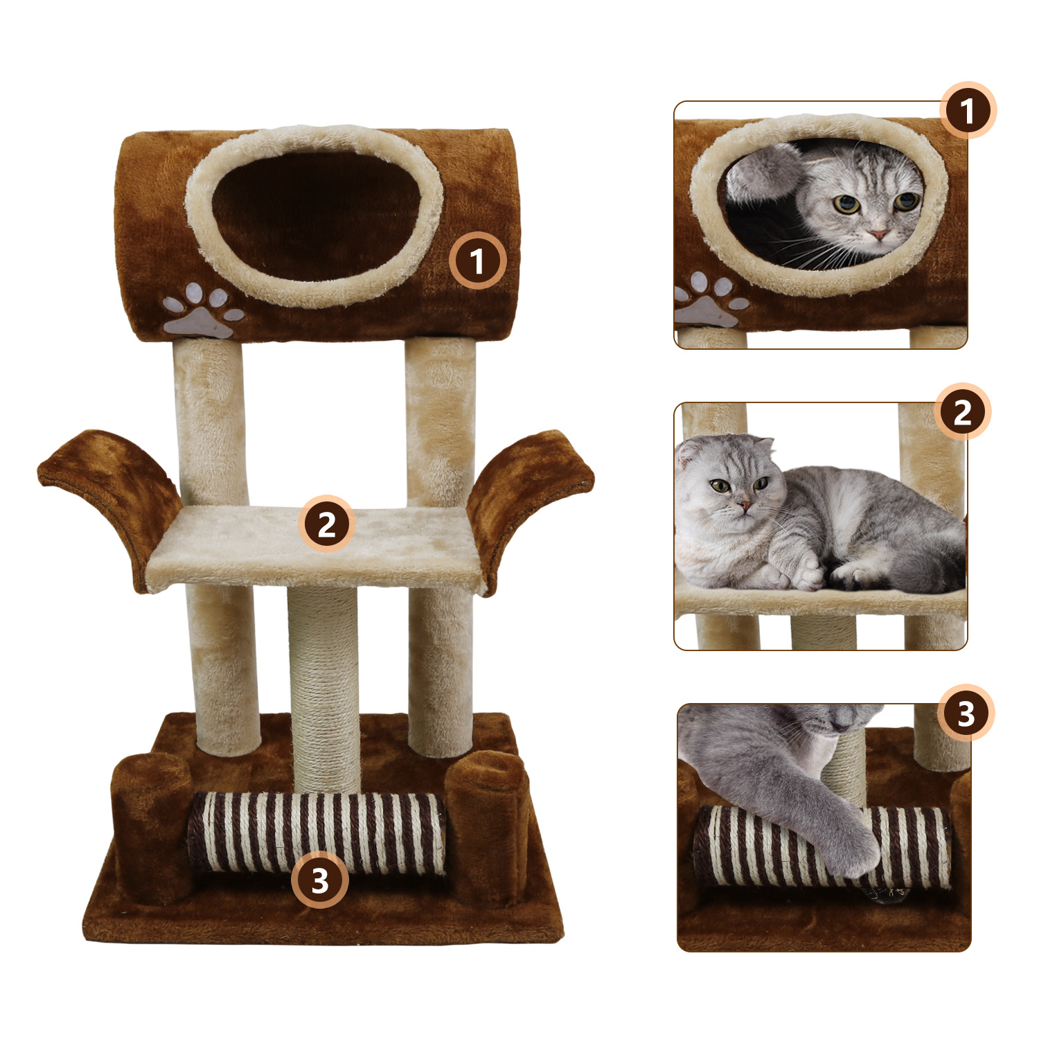 Nobleza - Arranhador para Gatos com Duas Plataformas, Caverna e Brinquedos Pendurados. Marrom, 52*25*47 cm.