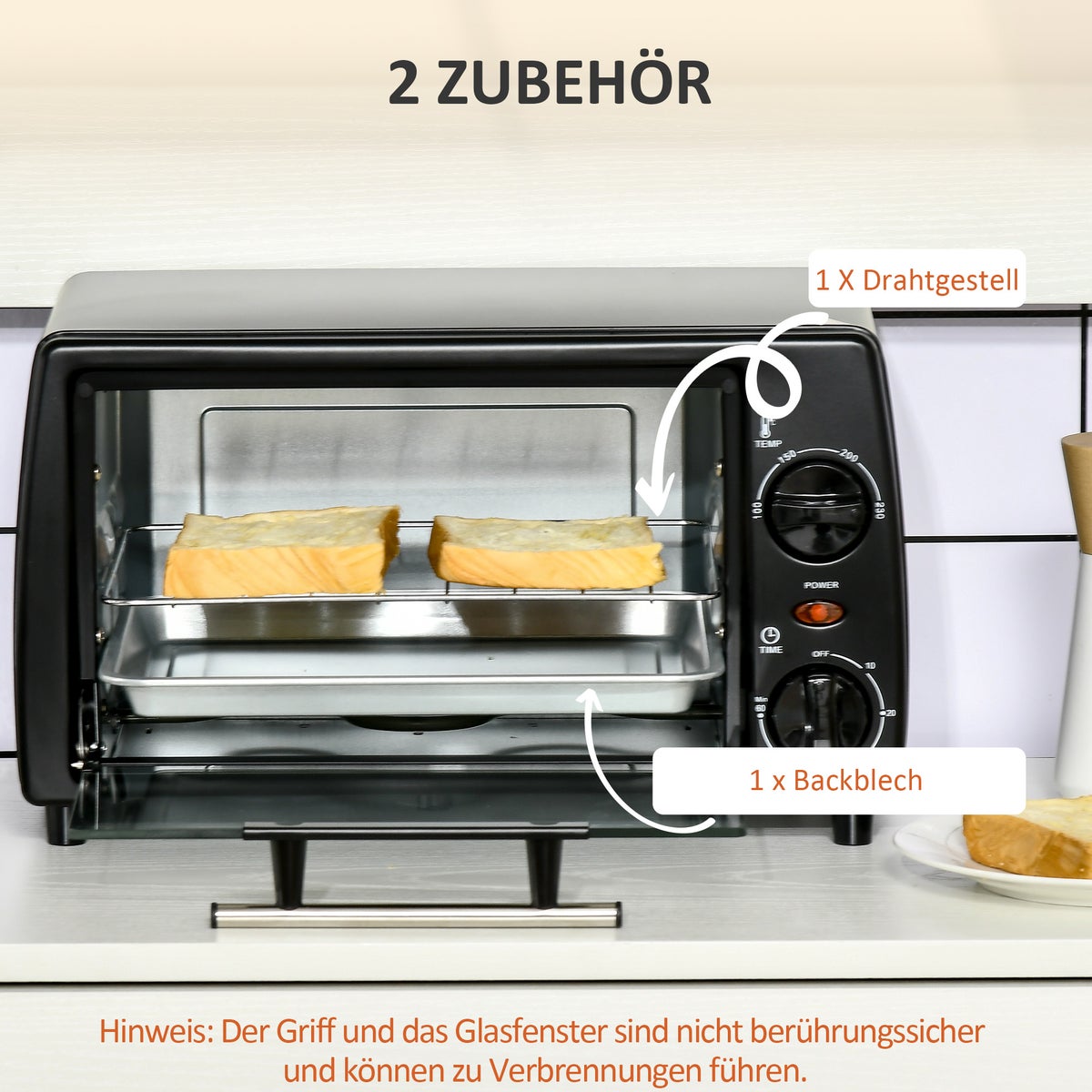 HOMCOM Mini Oven, 10 Liter, 750W, met temperatuur tot 230 ℃, 60 minuten timer, 36,5x26x22 cm, metaal, zwart