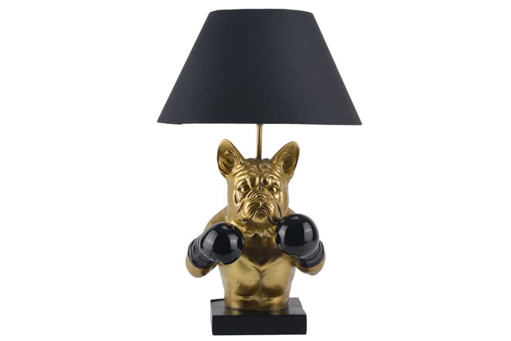 Handgefertigte Tischlampe BULLDOG 55cm schwarz gold Stoffschirm Hunde-Skulptur Boxer
