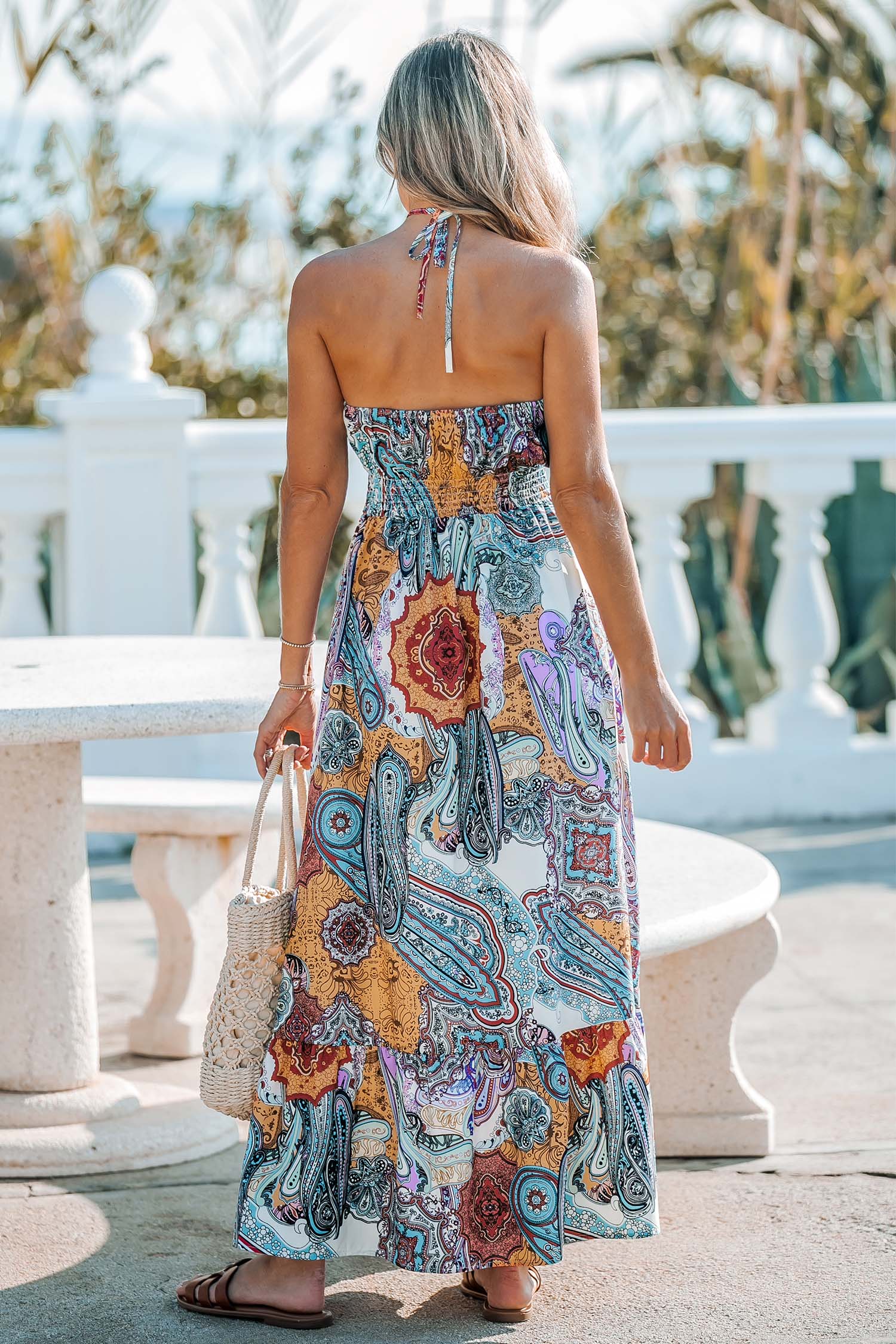 Robe maxi boho à col licou et volants