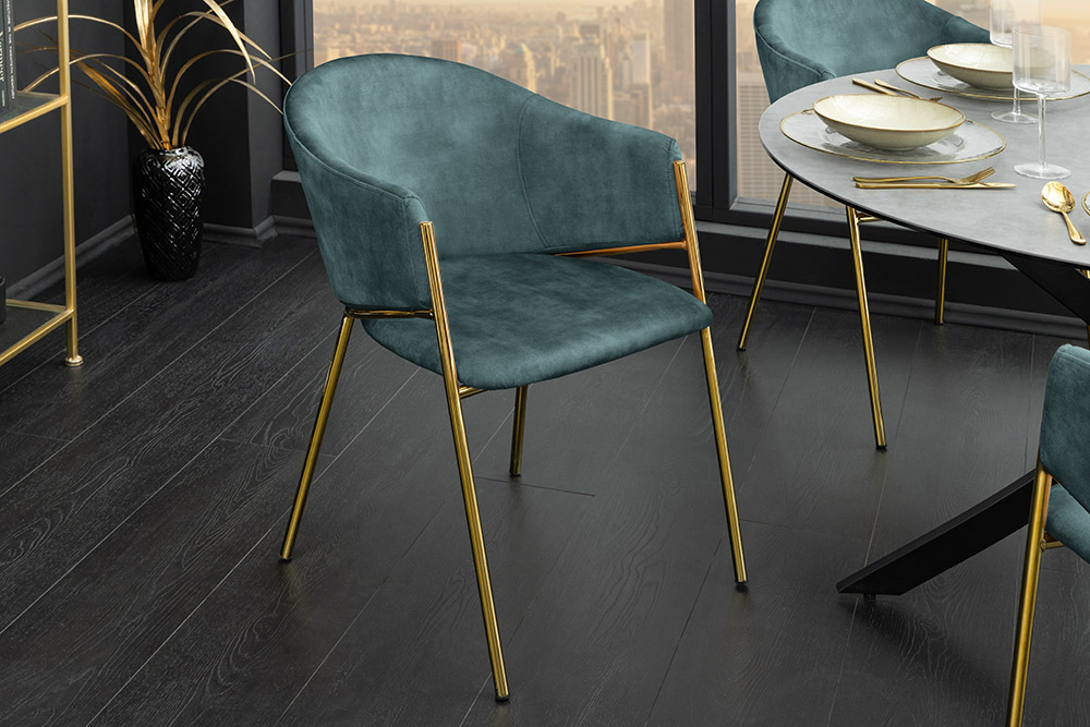 Design Stuhl NOBLESSE petrol Samt golden verchromtes Metallgestell