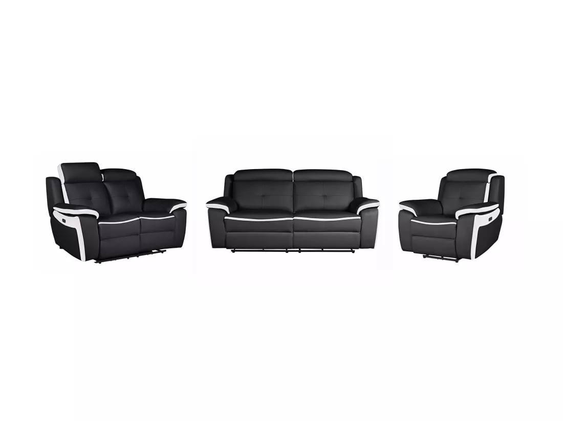 Canapés 3 places 2 places et un fauteuil relax électrique en cuir ANGELIQUE - Noir/blanc