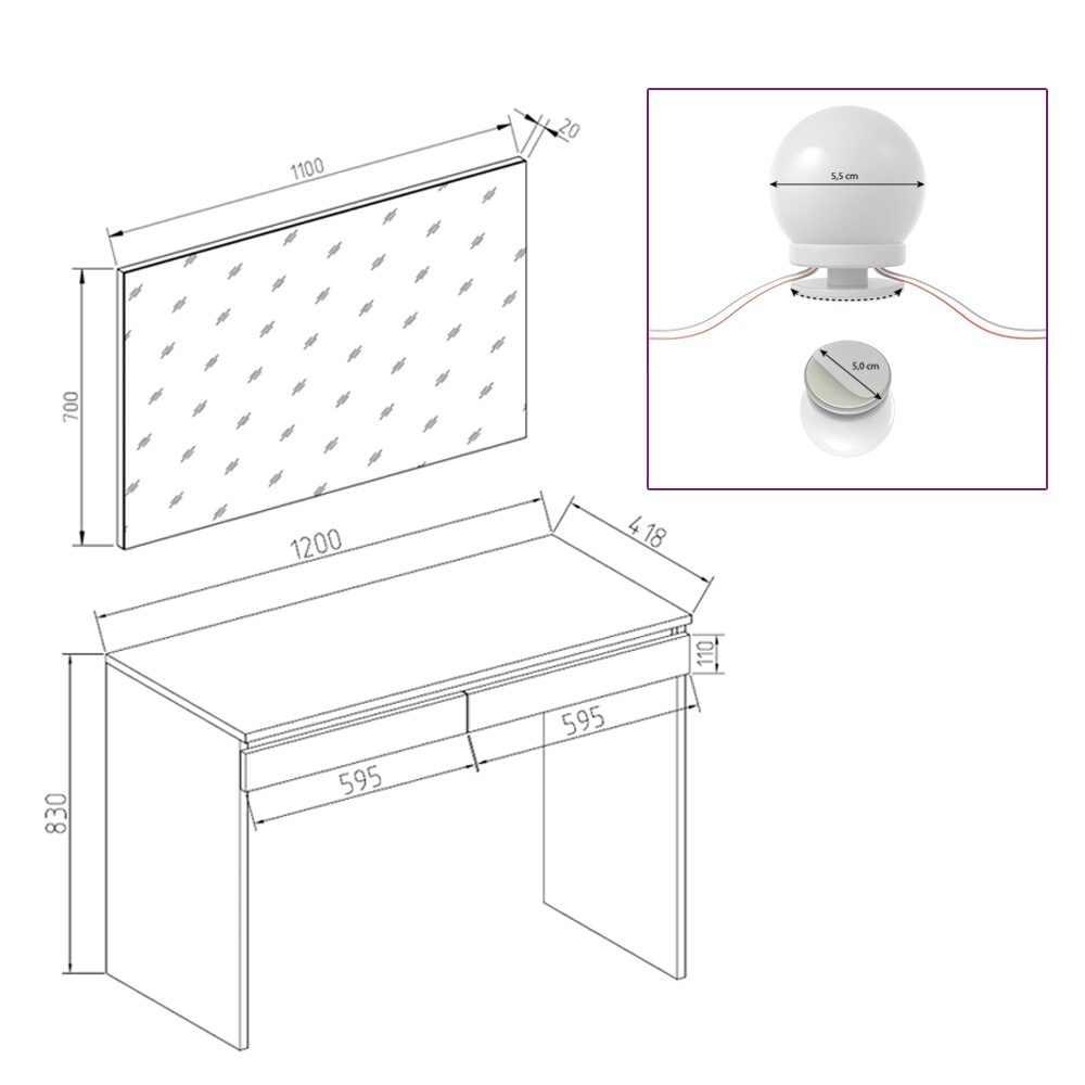 Vicco Schminktisch Emma Frisiertisch Frisierkommode Kommode Weiß Sonoma inklusive Spiegel und LED-Lichterkette