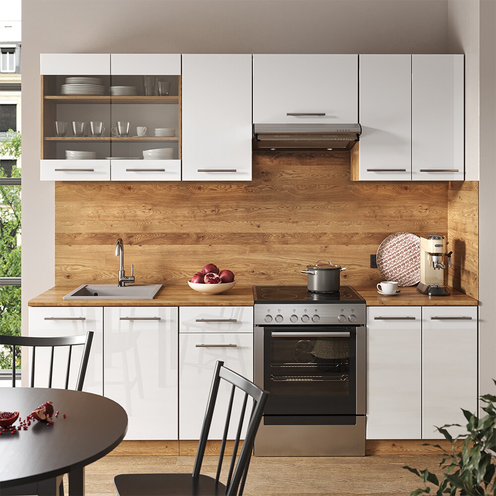 Vicco Küchenzeile Küchenblock Einbauküche Fame-Line Eiche Weiß 240 cm modern Küchen Schränke Spülenunterschrank Schubunterschrank Hängeschrank Hängeglasschrank Hochglanz