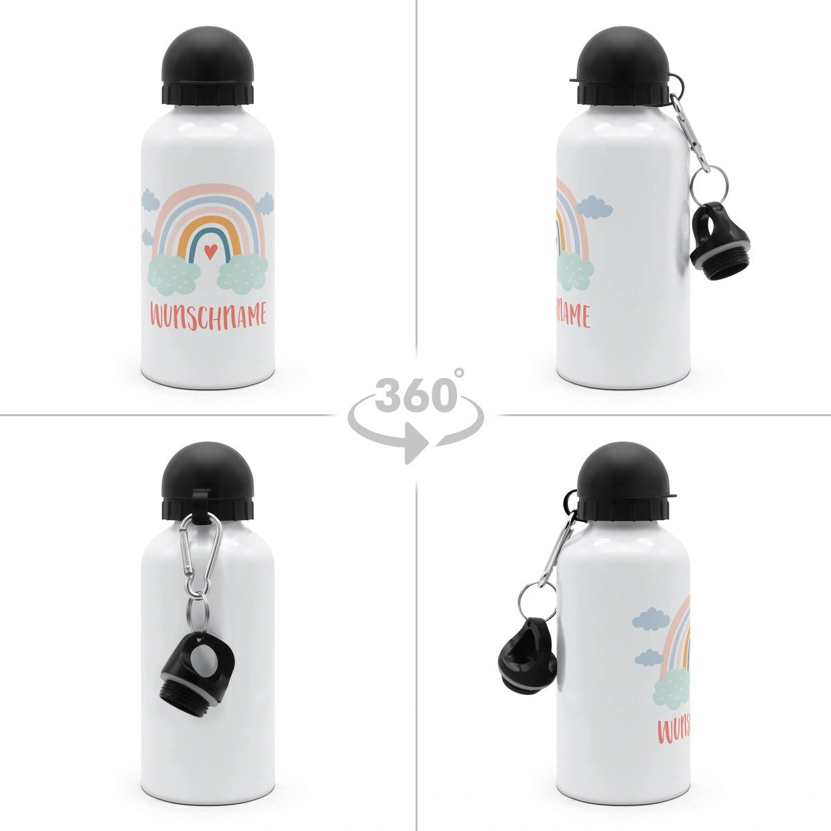 Alu-Trinkflasche mit Namen, 500 ml, weiß (Motiv: Rainbow)