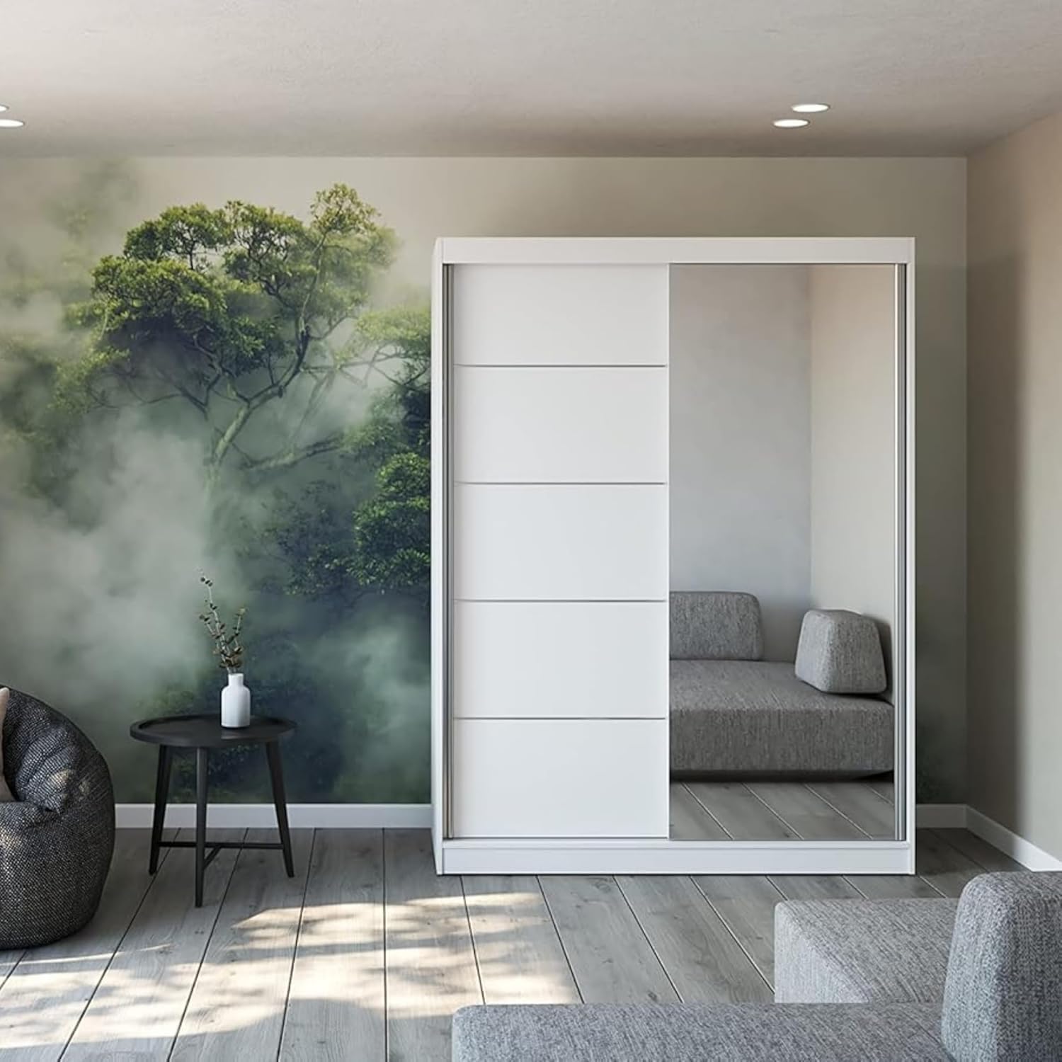 Fabryka Mebli Idźczak Kleiderschrank mit Spiegel, Schiebetüren - Weißer Schwebetürenschrank, Schlafzimmerschrank - ‎61 x 150 x 200 cm - Schrank für Schlafzimmer, Ankleidezimmer, Garderobe