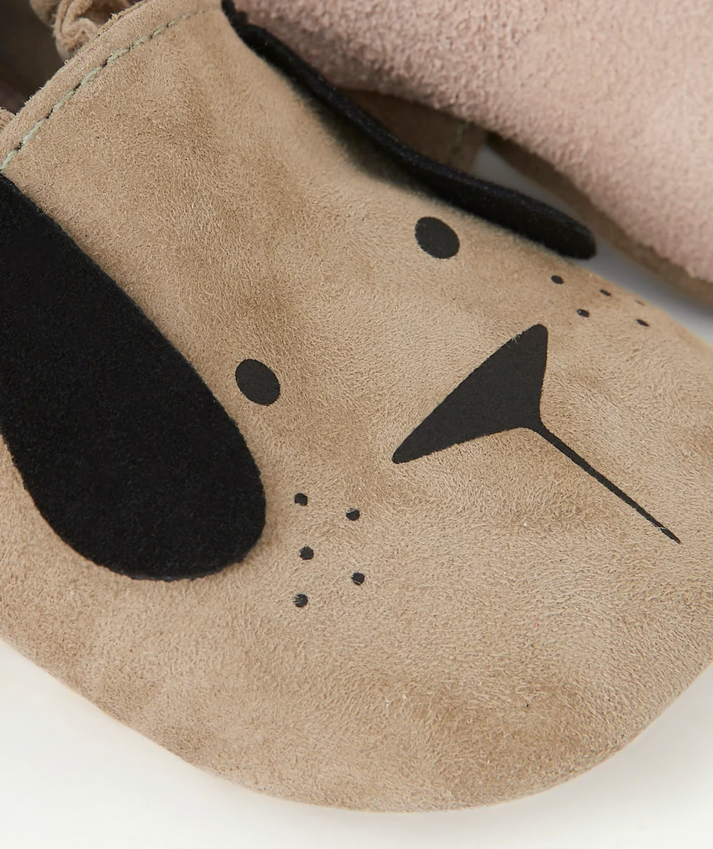 CHAUSSONS EN CUIR BÉBÉ GARÇON KAKI AVEC MOTIF CHIEN