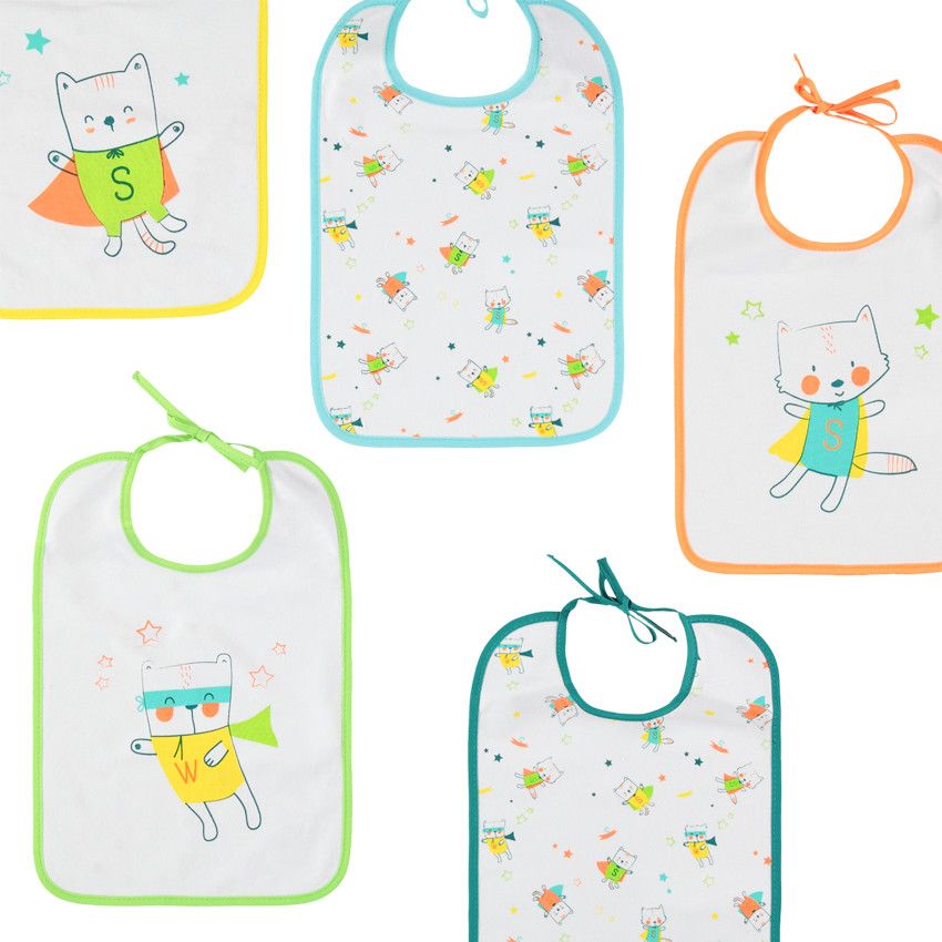 Lot de 5 bavoirs à motifs colorés printés - Blanc