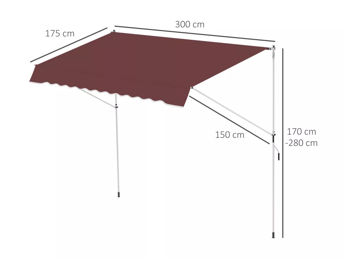 Store banne manuel rétractable 3L x 1,5l m inclinaison et hauteur réglable installation rapide métal alu polyester anti-UV bordeaux