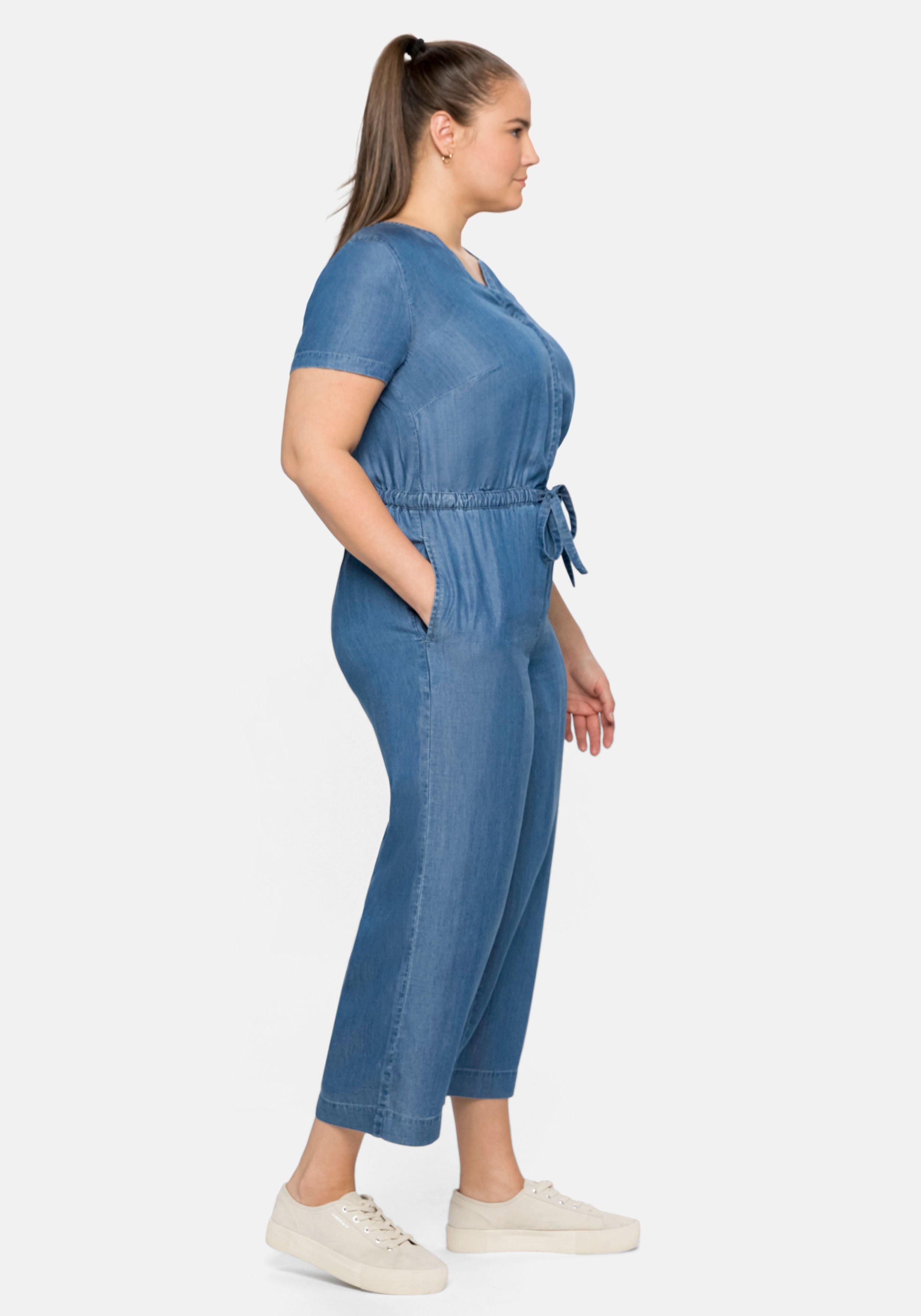 Overall in Denim-Optik, mit Taillen-Bindeband