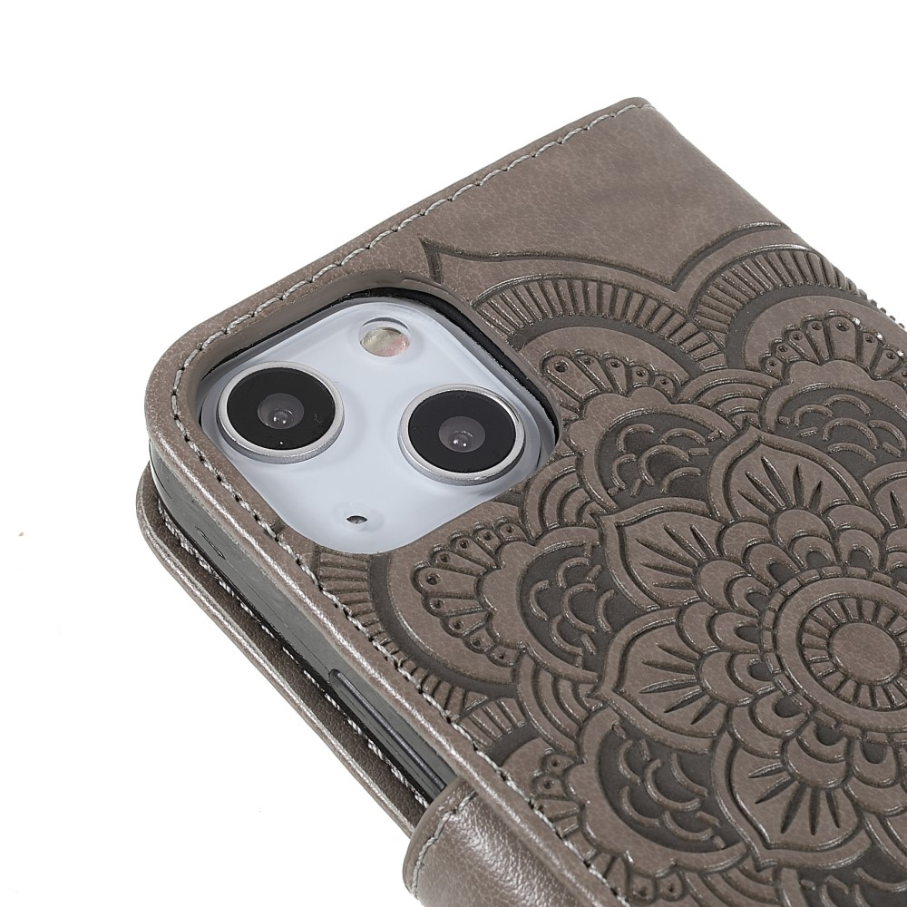 iPhone 13 Leder Tasche Wallet - Mandala Flowers Imprint - Grau