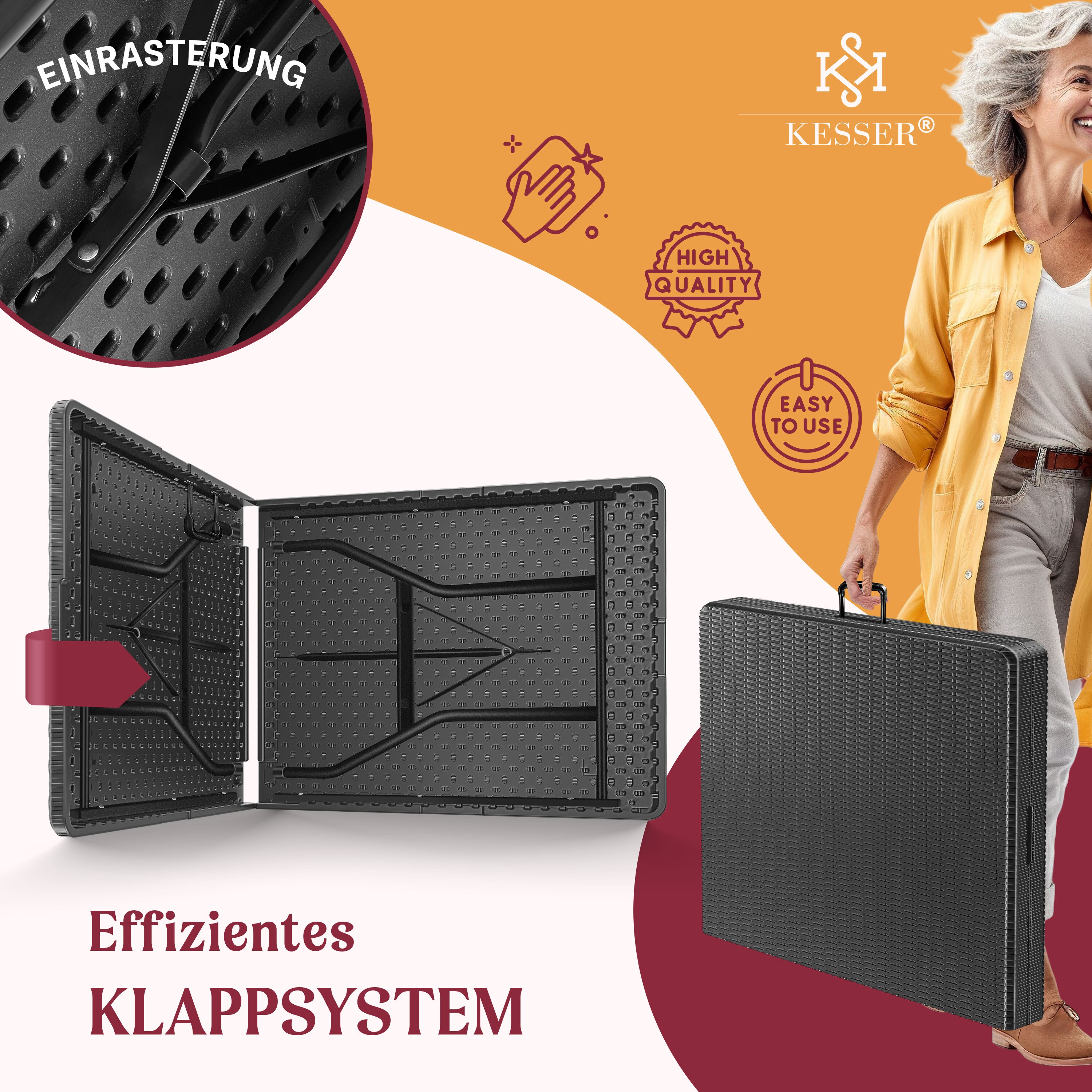 KESSER® Buffettisch Tisch klappbar Kunststoff 180x75 cm Rattan Optik Campingtisch Partytisch Klapptisch Gartentisch für Garten Terrasse und Balkon zusammenklappbar 6 Personen ink. Tragegriff