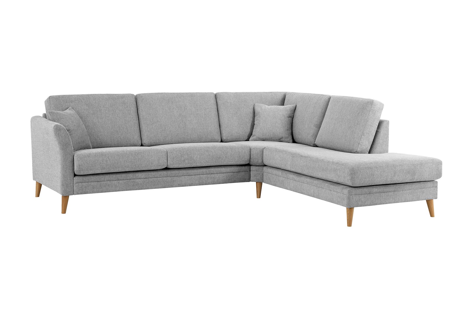 Eden hjørnesofa 2,5-seter med åpen ende høyre. Tekstil Brego 3 Grey med ben i eik natur (15137).