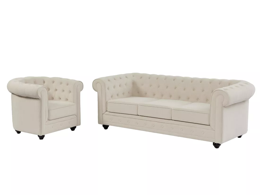 Canapé 3 places et fauteuil en tissu beige CHESTERFIELD
