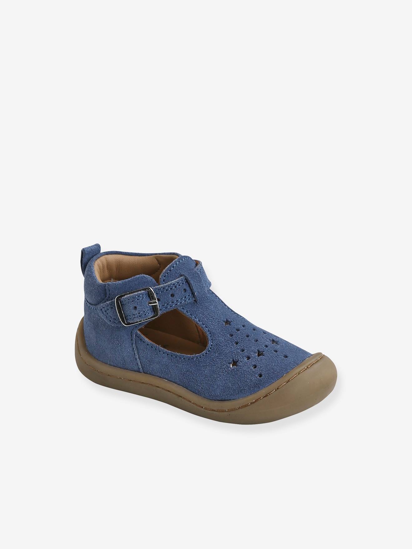 Sandálias de couro flexíveis para bebês, especialmente desenhadas para engatinhar, jeans azul.