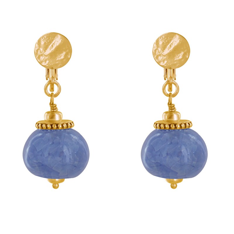 Boucles d'Oreilles Clip Métal Doré et Grosses Perles en Céramique