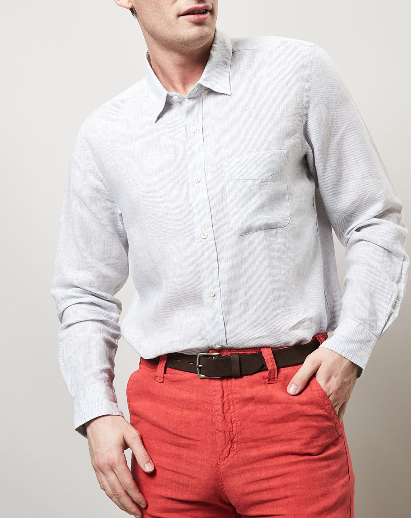 Hartford Chemise 100% Lin slim Storm gris/blanc