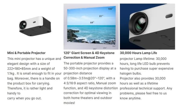 INF WiFi Bluetooth miniprojektor D100 Full HD 1080P