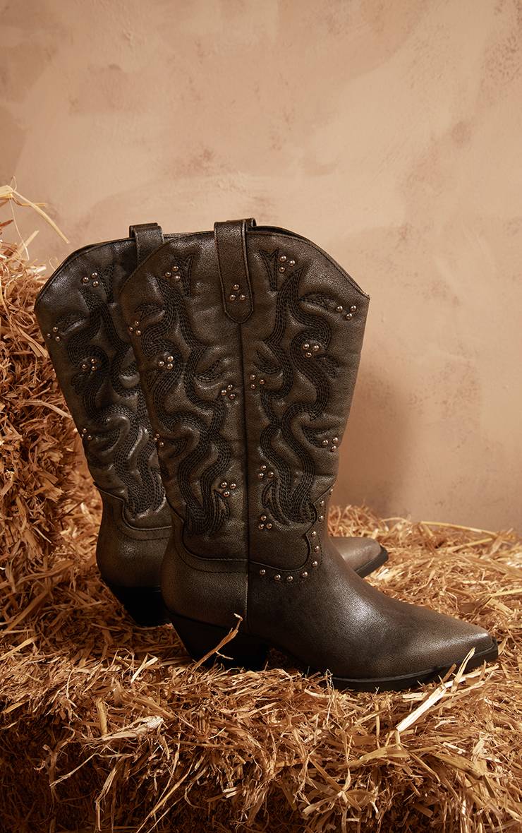 Noir Bottes Western Hautes Au Genou À Bout Pointu Avec Détails Cloutés En SYNTHÉTIQUE Grainé