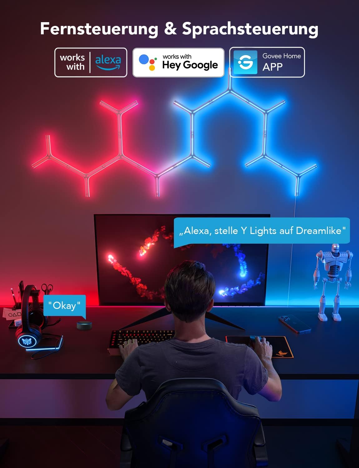 Govee Glide Y Lights, RGBIC LED Gaming , Smart Home DIY Kreative Deko Lights mit Musik Sync & 40+ Szenenmodi, Wi-Fi Wandleuchten für Wohnen, Schlafzimmer, 7er Pack
