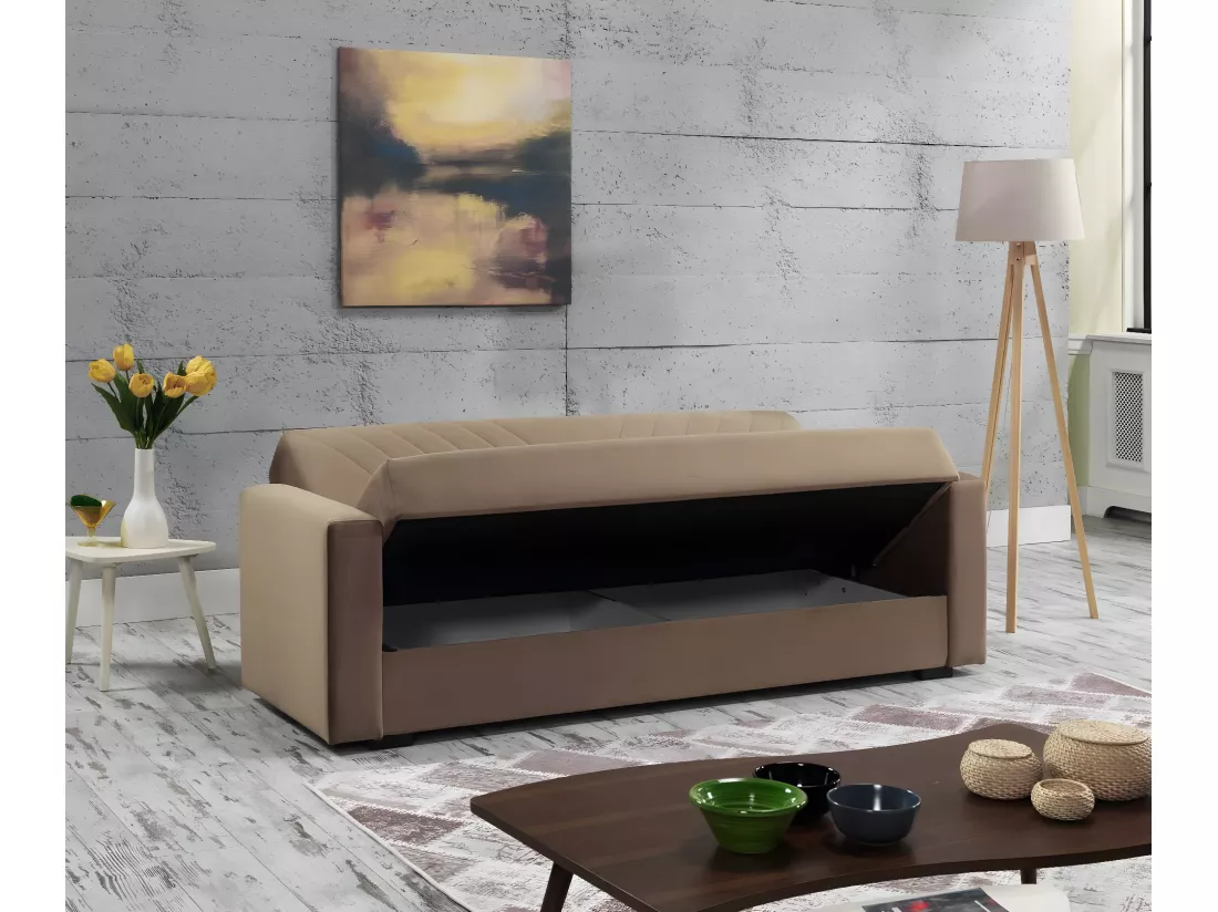 Canapé Jorge, Canapé de rangement linéaire 3 places avec 2 coussins inclus, Canapé de salon en tissu rembourré avec ouverture clic-clac, 214x81h89 cm, Beige