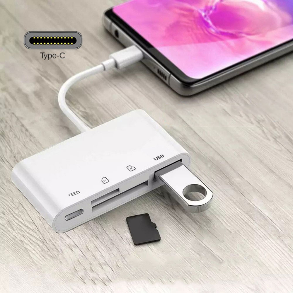 USB C auf USB A Kamera Adapter   SD / Micro SD Kartenlesegerät / USB C Ladeanschluss (PD/27W) - Weiss