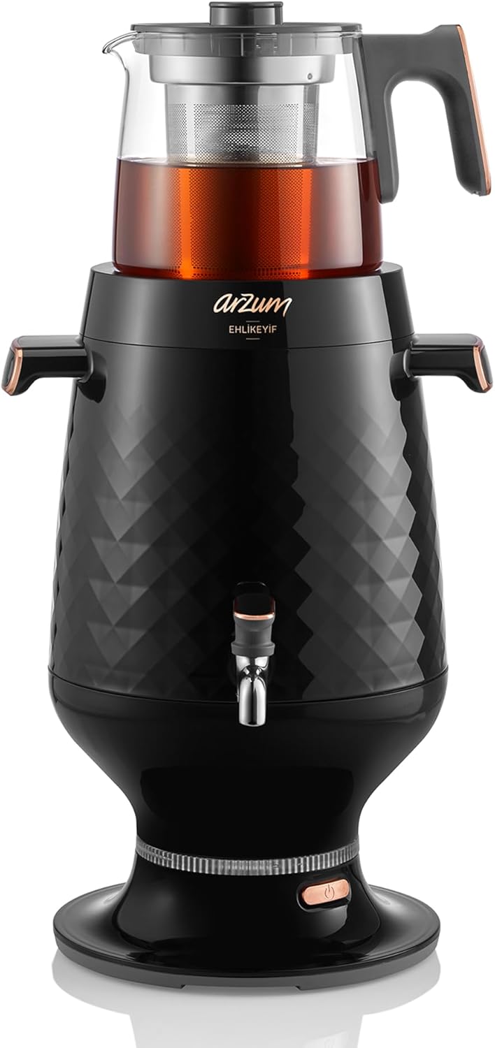 Arzum Ehlikeyf Semowar, Elektrischer Türkischer Teekocher, 2200W, 3,5L Wasserkocher, 1,2L Glas Teekanne, Edelstahl, Intelligente Temperaturregelung, Trockengehschutz