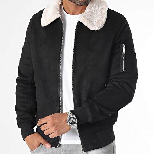 Bomber Suédine Col Mouton Noir