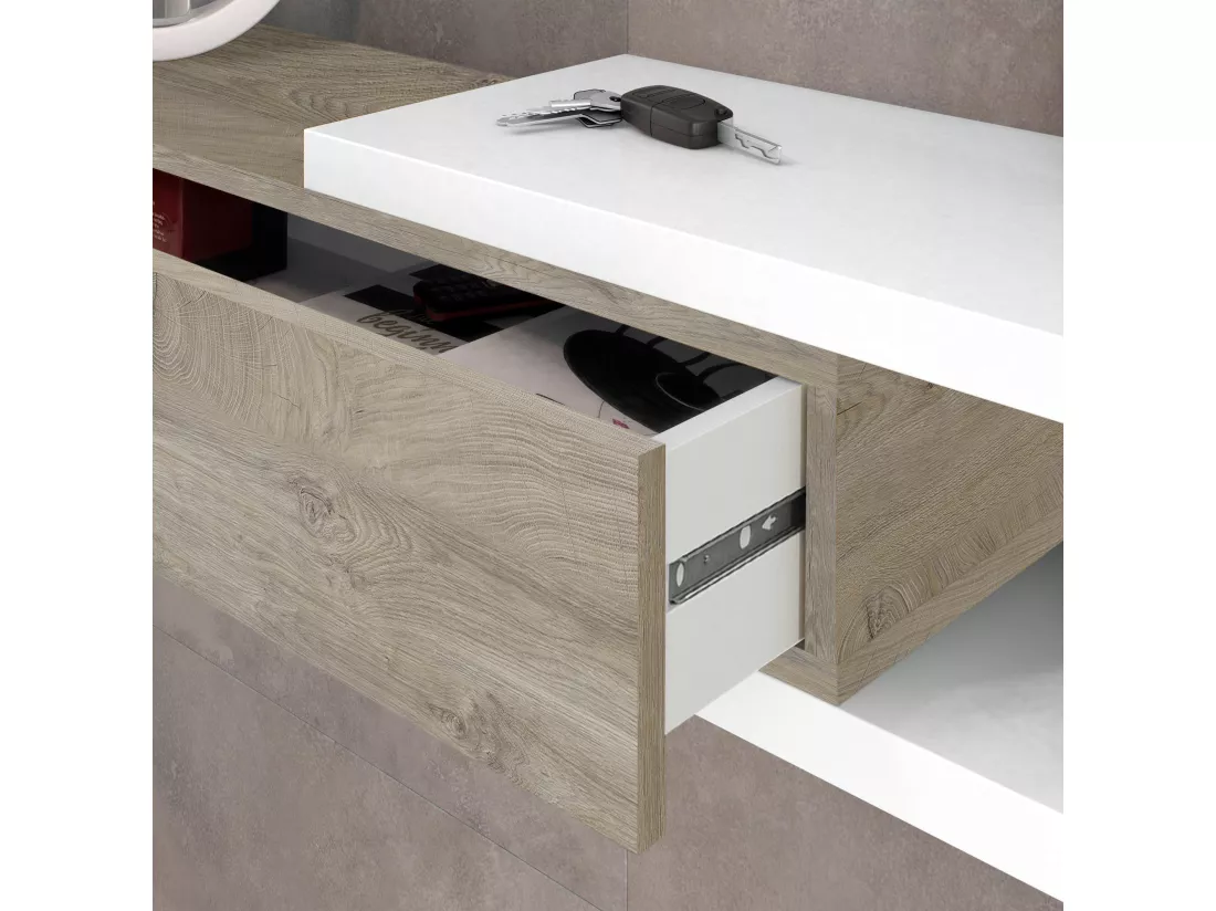 Meuble d'entrée Moon avec 1 tiroir et Miroir, Chêne/Blanc, Meuble, 95 cm Largeur