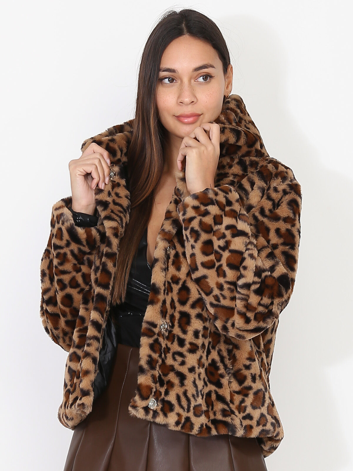 Manteau court en fausse fourrure- Marron