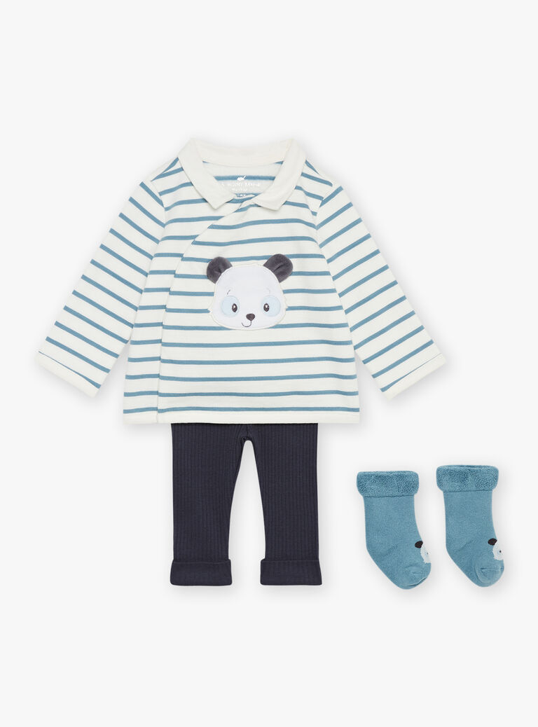Sweat écru et bleu, legging bleu nuit et chaussettes bleues