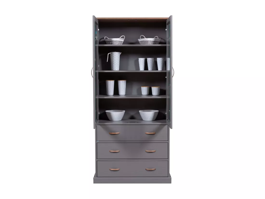 MELINA - Vitrine 2 Portes 3 Tiroirs en MDF Laqué Gris Foncé