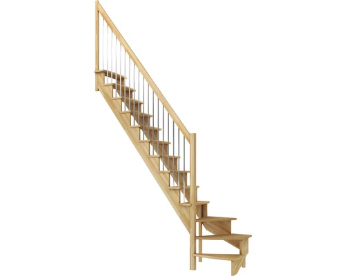 Pertura Filia massief beukenhouten trap zonder stootborden, onbehandeld, kwartslag, linksonder, 65 cm, 12 treden / 13 stootborden, balusterleuning