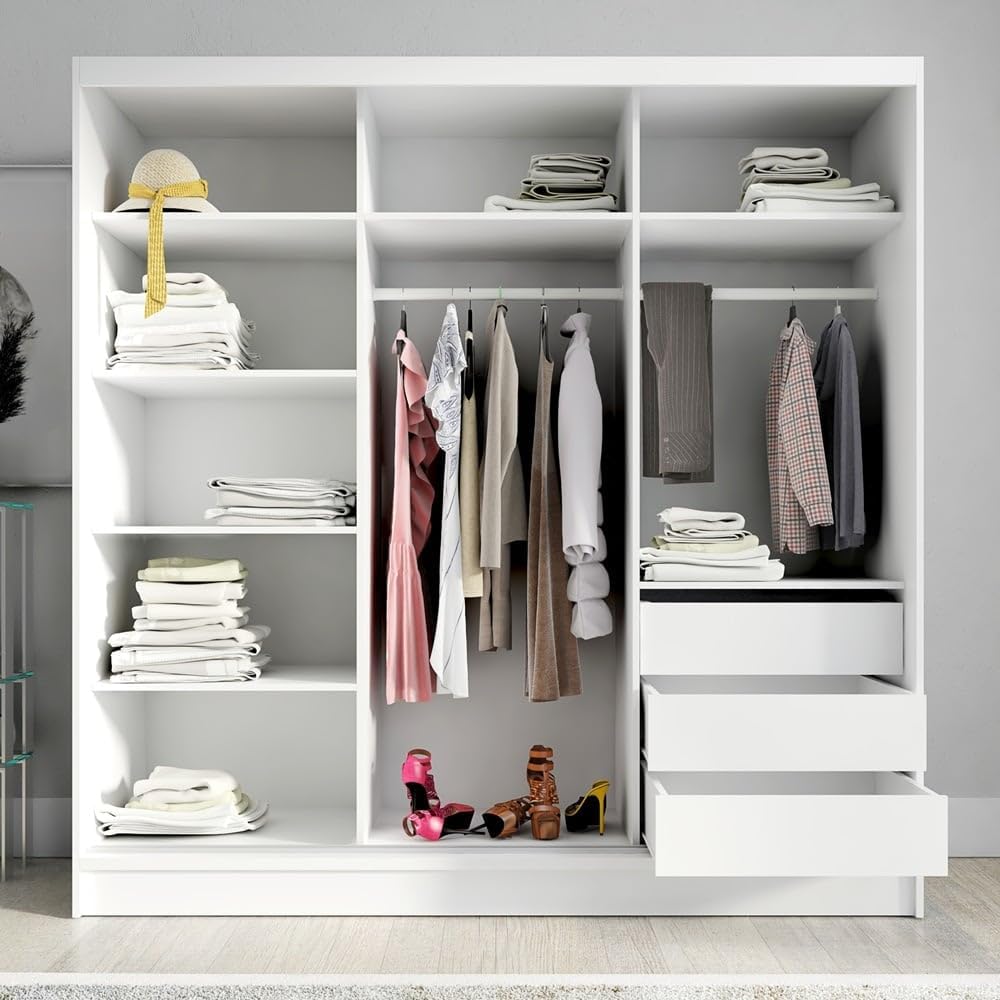 A&J MöbelLand Kleiderschrank Aurelia 1 – Schwebetürenschrank 200 cm breit mit Spiegel, 3-türig, Kleiderschrank mit Schubladen, Schiebetürenschrank für Schlafzimmer oder Garderobe