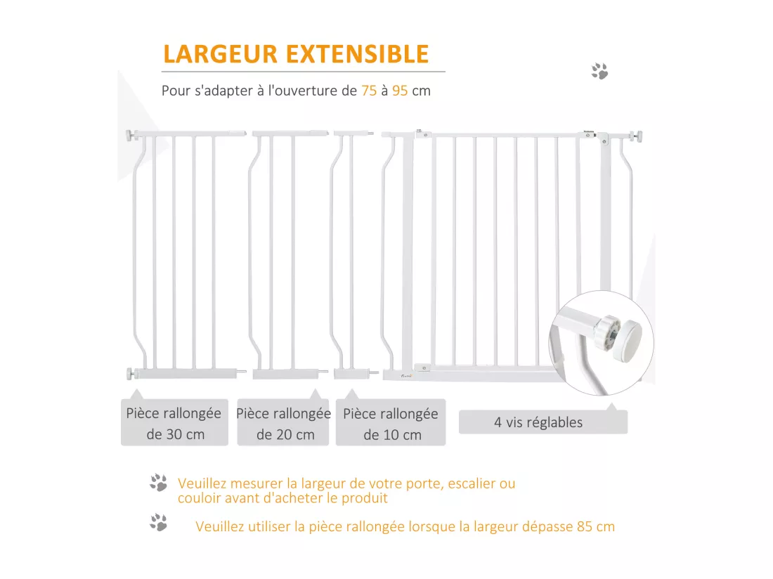 Barrière de sécurité animaux - longueur réglable dim. 75-145 cm - porte double verrouillage, ouverture double sens -sans perçage - acier ABS blanc