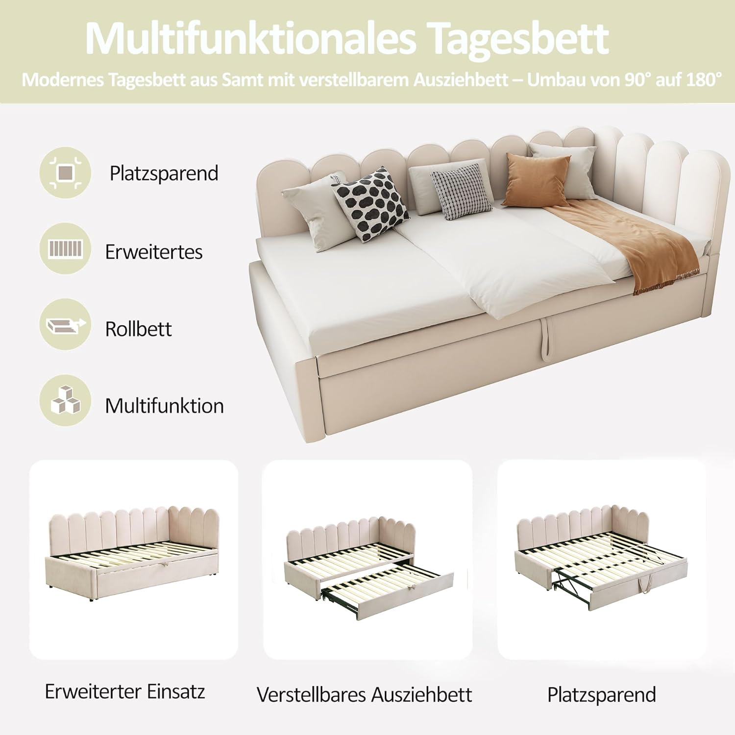 Schlafsofa 90/180x200 cm, L-Form Sofabett mit Ausziehbett, Polsterbett mit Lattenrosten, Kinderbett Tagesbett für Gästezimmer Schlafzimmer (Ohne Matratze) Samtstoff Beige
